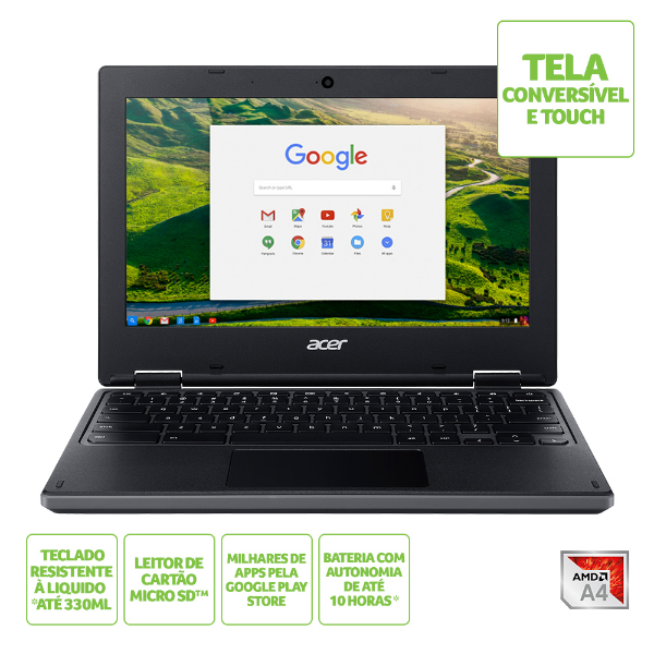 Imagem de Chromebook Acer 11,6" Hd R721t-488h/ Nx.Hbral.002/ 4gb/ Amd A4-9120c/ 32gb/ Chrome Os