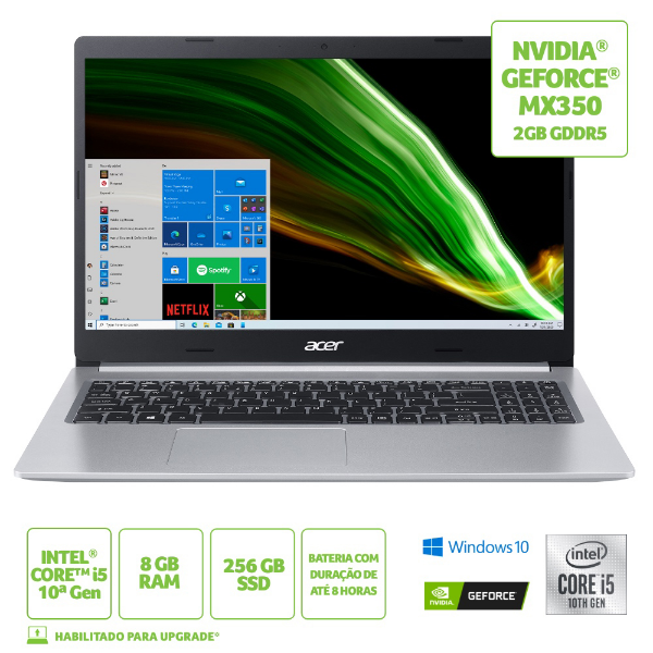 Imagem de Notebook Acer 15,6 Fhd A515-55g-588g/ Nx.A7mal.001/ I5-1035g1/ 8gb/ 256gb Ssd/ W10 Home/ Geforce Mx3