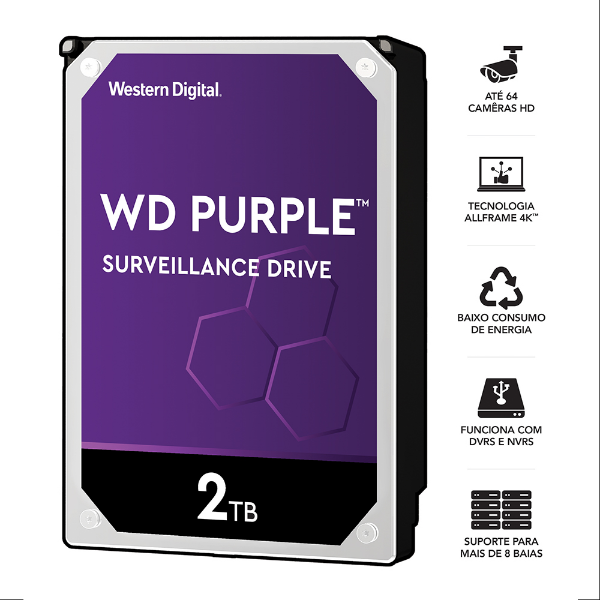Imagem de Hdd Wd Purple 2 Tb Para Seguranca / Vigilancia / Dvr - Wd20purz
