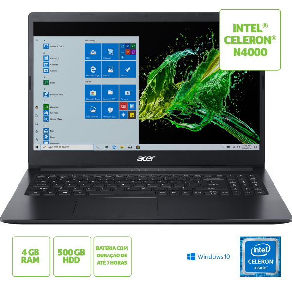 Imagem de Notebook Celeron Acer 15,6p Hd4gb A31534c5ey N4000 500gb W10
