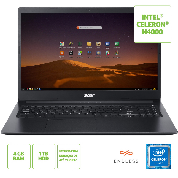 Imagem de Notebook Acer 15,6 Hd Led A315-34-C6zs/ Celeron N4000/ 4gb/ 1tb/ Linux