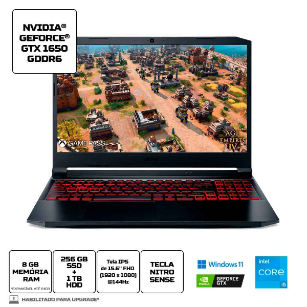 Imagem de Notebook Acer Nitro 15,6" Fhd An515-57-579b/ I5-11400h/8gb/ 256gb Ssd+1tb Hdd/ Win 11 Home/ Gtx 1650