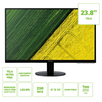 Mostrar detalhes de MONITOR LED 23,8" ACER SA240Y FHD / HDMI / VGA Imagem de MONITOR LED 23,8" ACER SA240Y FHD / HDMI / VGA