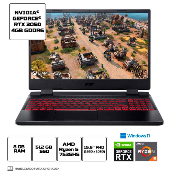 Imagem de Notebook Acer Nitro 5 AN515-47-R1N8, Windows 11 Home, 15.6" FullHD, AMD Ryzen 5 7535HS, 8GB, SSD 512GB, RTX 3050 4GB - NH.QLHAL.002