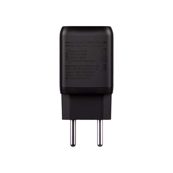 Imagem de CARREGADOR INTELBRAS EC 21 POWER 65W GAN 2P USB-C MAIS 1P USB-A - 4820190