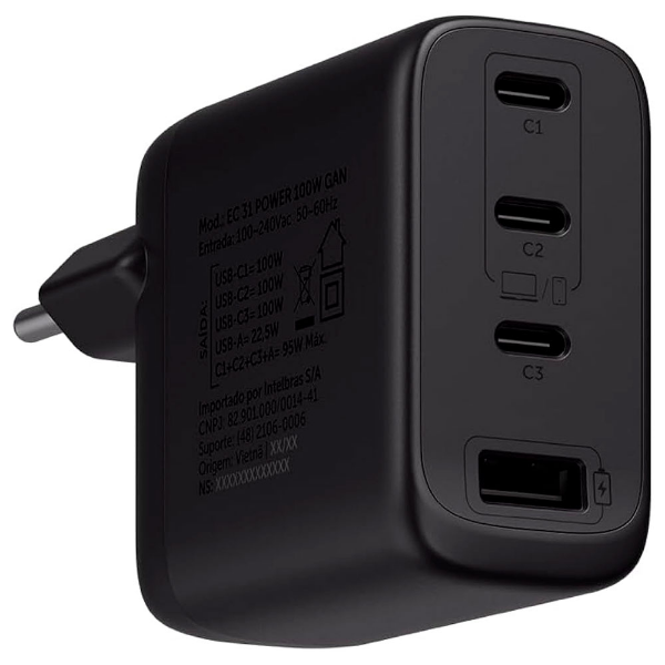 Imagem de CARREGADOR INTELBRAS EC 31 POWER 100W GAN 3P USB-C MAIS 1P USB-A - 4820193