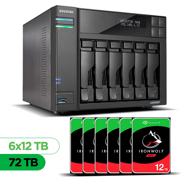 Imagem de Servidor NAS ASUSTOR AS6806T-BR - 72TB - 6 Baias HDD - Torre - AMD Ryzen V3C14 - 2x LAN 5GbE + 2x LAN 10GbE - Inclui 6 HDs Seagate IronWolf NAS de 12TB