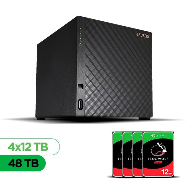 Imagem de Servidor NAS ASUSTOR AS1204T-US - 48TB - 4 Baias HDD - Torre - Realtek RTD1619B - 1x LAN 2,5GbE - Inclui 4 HDs Seagate IronWolf NAS de 12TB